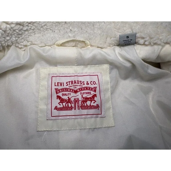 Levis Sherpa Fleece Jacket Cream Off White Geometric Trim Zip Up Womens Small - Picture 5 of 13